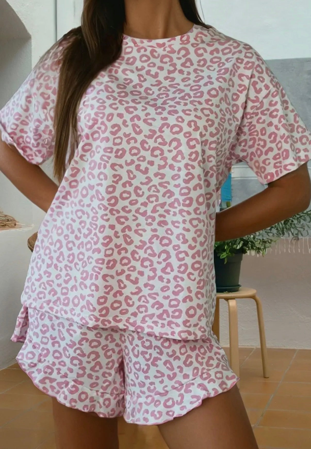 Leopard Print Crew Neck Tee and Ruffled Shorts 2 Lounge Set