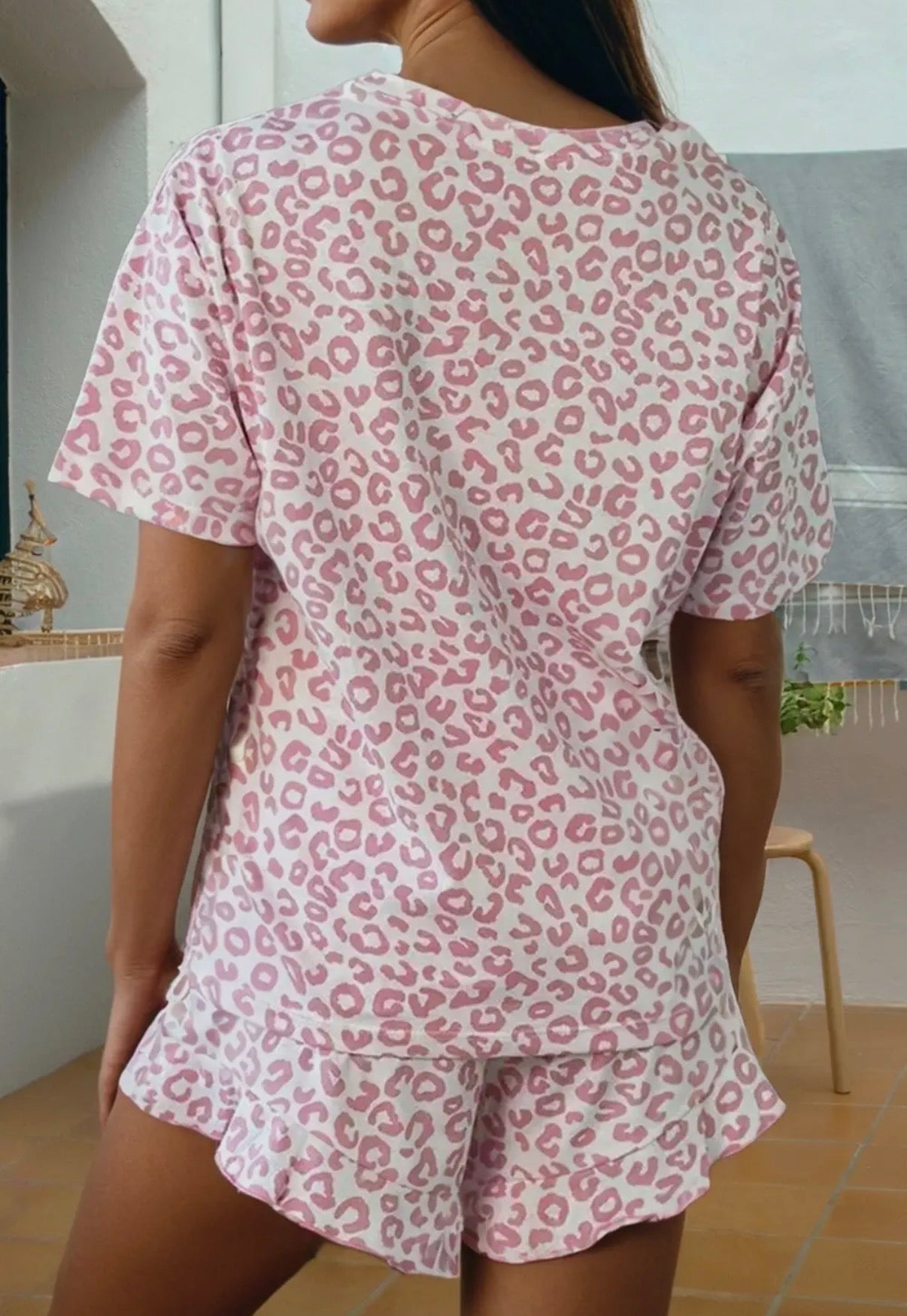 Leopard Print Crew Neck Tee and Ruffled Shorts 2 Lounge Set