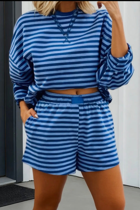 Ldc Drop Shoulder Pullover Elastic Waist Striped Short Set